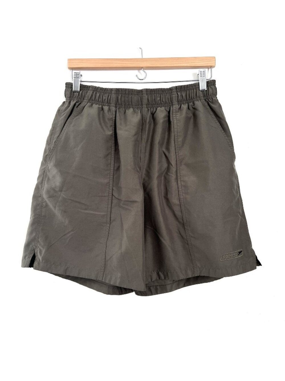 Speedo size M Swim Shorts Olive Green Mesh Lining Zip Pockets Drawstring Waist